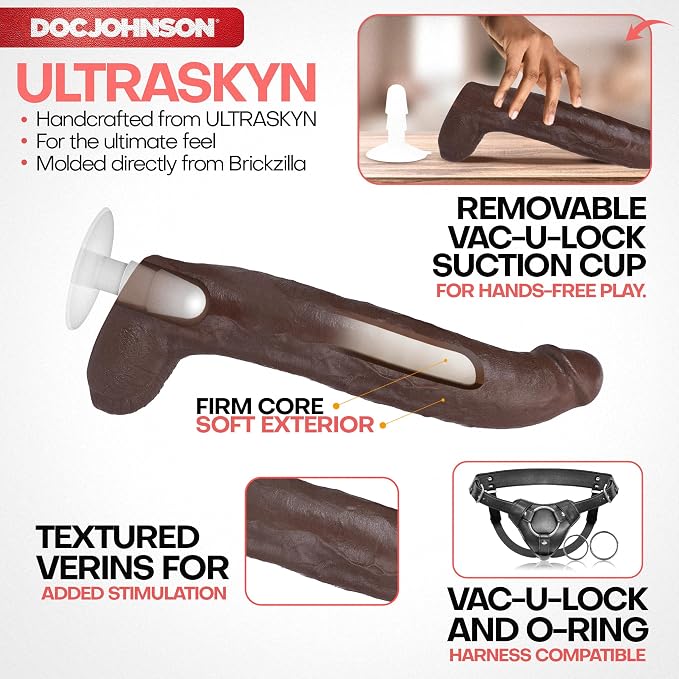 Doc Johnson Signature Cocks Brickzilla – 13" Dual Density ULTRASKYN Dildo with Vac-U-Lock Suction Cup, Chocolate
